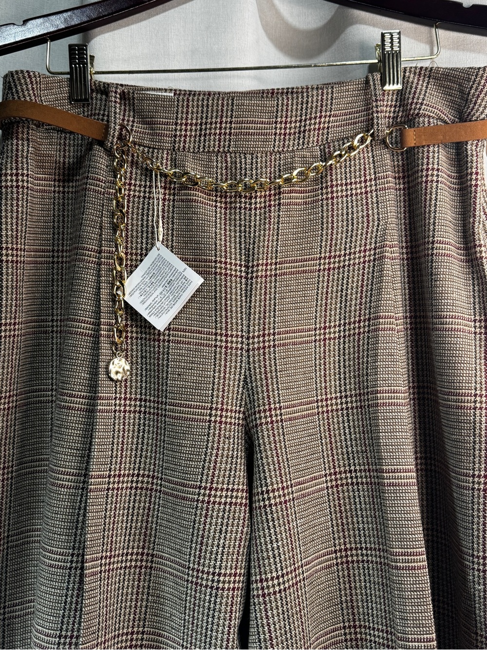 ZARA Womens Large Brown Plaid Pleated Wide-Leg Culottes with Chain Accent - Picture 2 of 9
